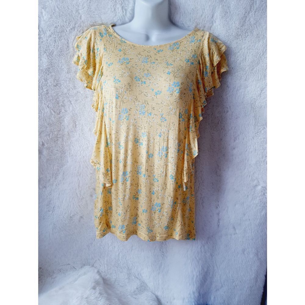 Chaps yellow blue floral medium ruffle sleeve blouse